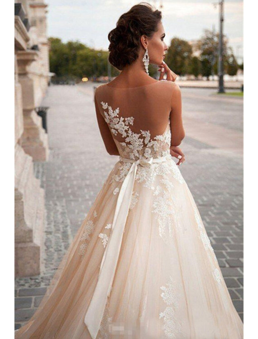 Ivory A-Line Illusion Neck Lace Tulle Floor-Length Bridesmaid Dress