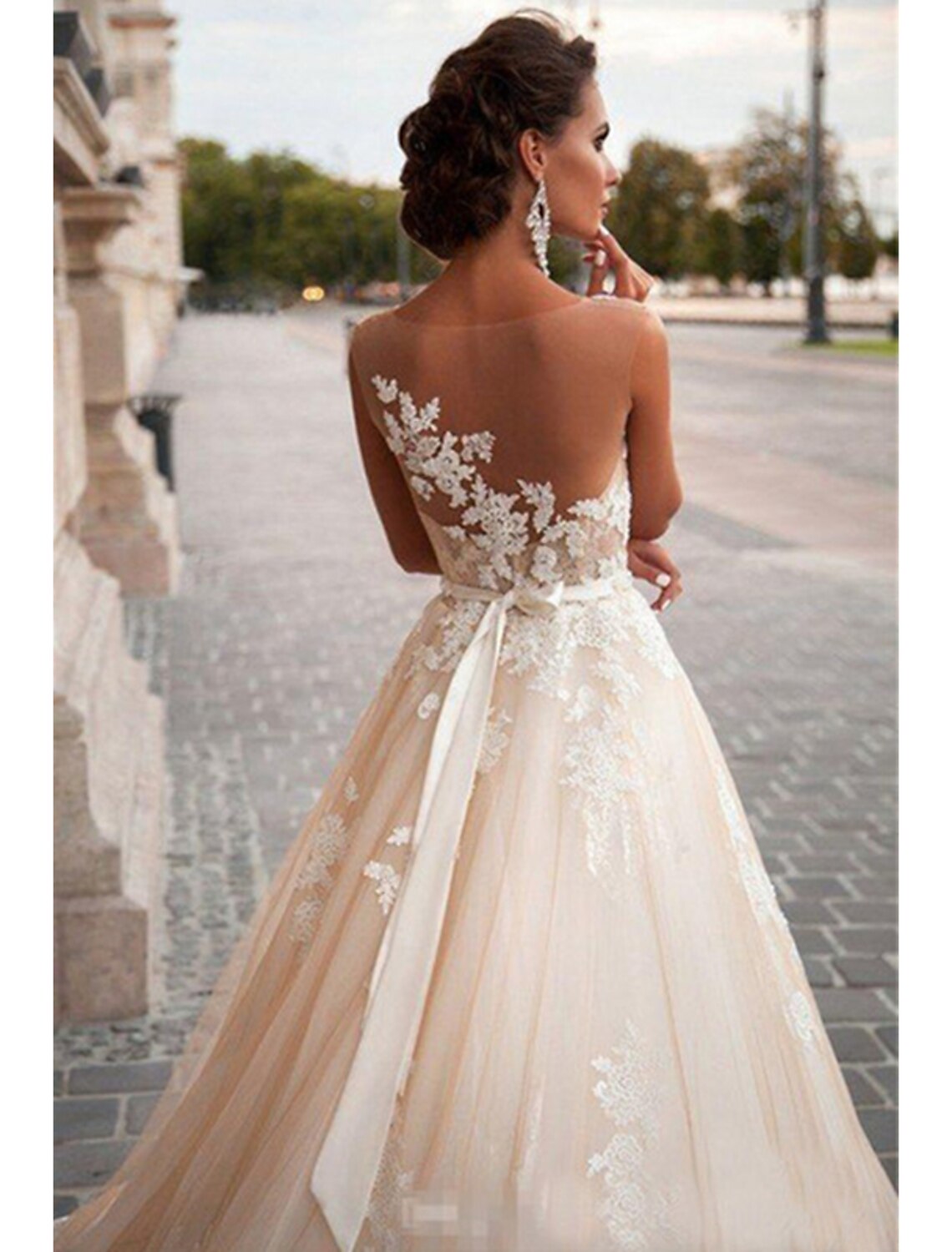 Ivory A-Line Illusion Neck Lace Tulle Floor-Length Bridesmaid Dress