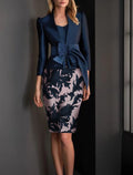 Abito da sposa a tubino/colonna in due pezzi, elegante, da chiesa, con scollo a V, lunghezza al ginocchio, in raso, maniche corte, con applicazioni di fiocco/fiocco