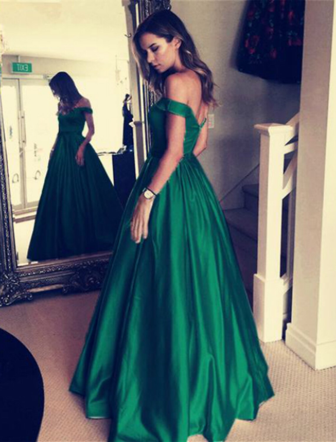 Gold Satin A-Line Sweetheart Off-the-Shoulder Floor-Length Evening Dress
