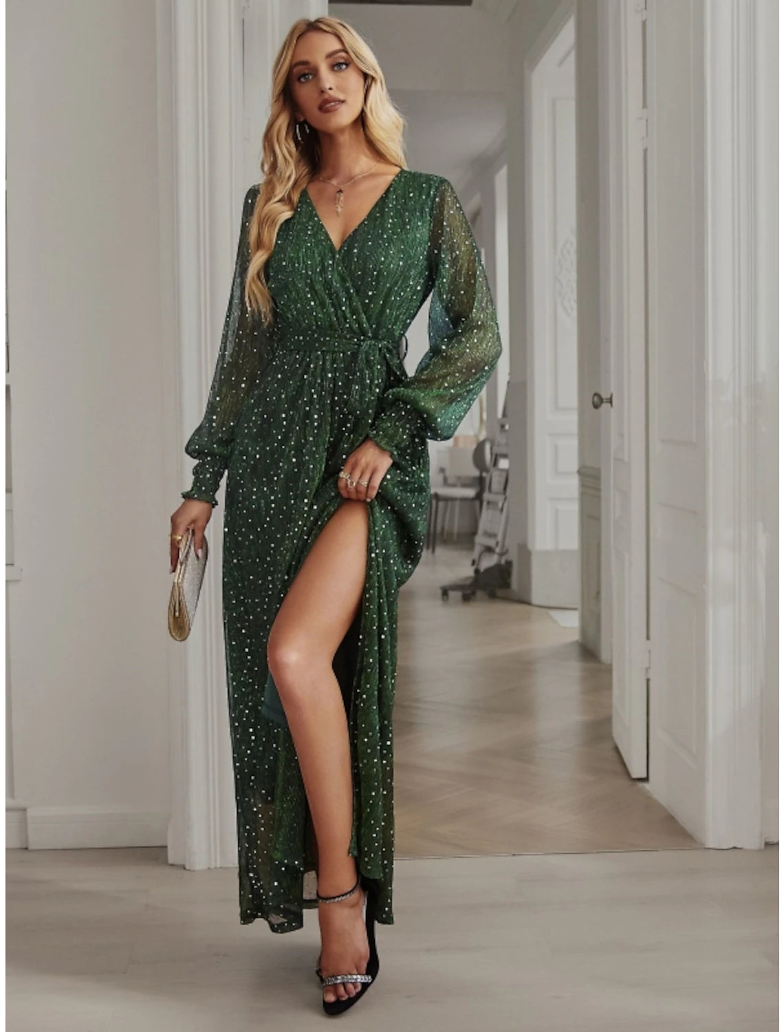 Forest Green A-Line Floor-Length Evening Dress with Wrap Design, High Slit & Glitter Dots