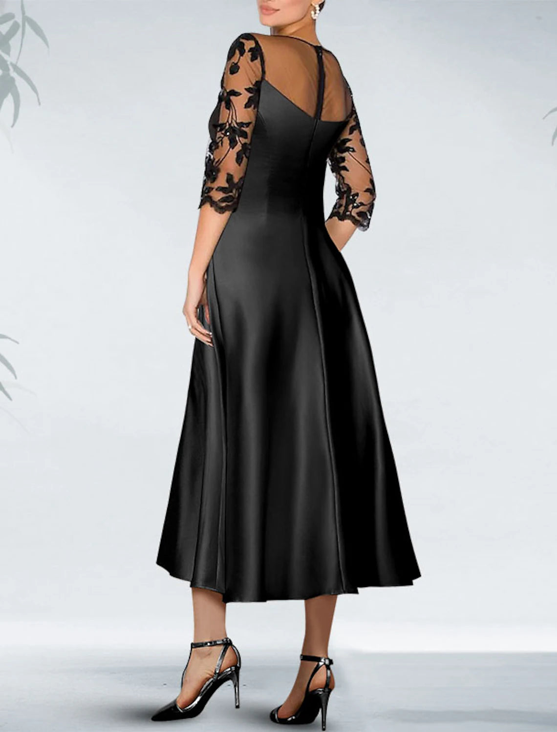 A-Line Cocktail Black Dress Plus Size Appliques Elegant Dress Fall Wedding Guest Dress For Mother Knee Length 3/4 Length Sleeve Off Shoulder Pocket Satin with Beading Pocket 2025