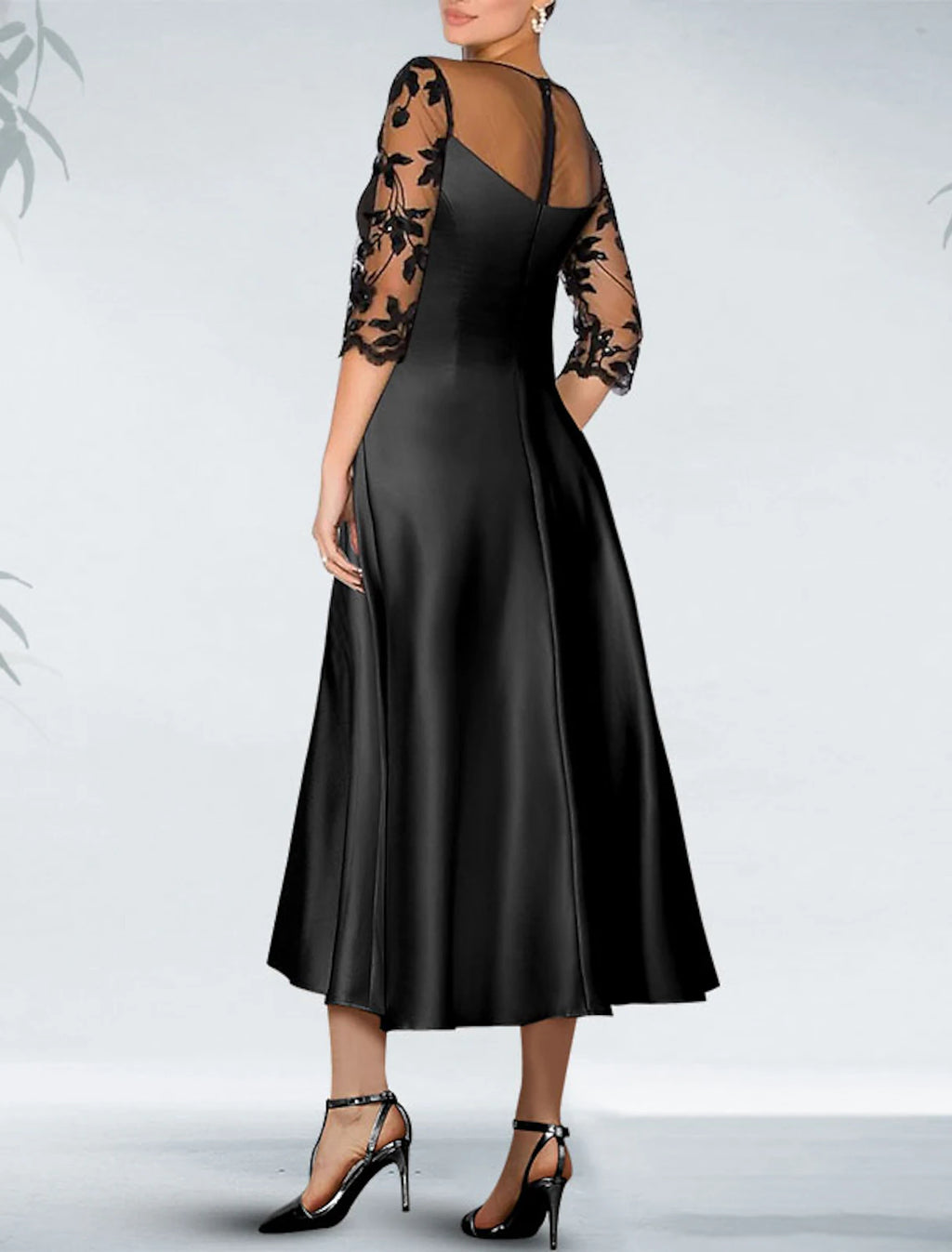 Black Satin A-Line Tea-Length Dress with Illusion Lace Sleeves