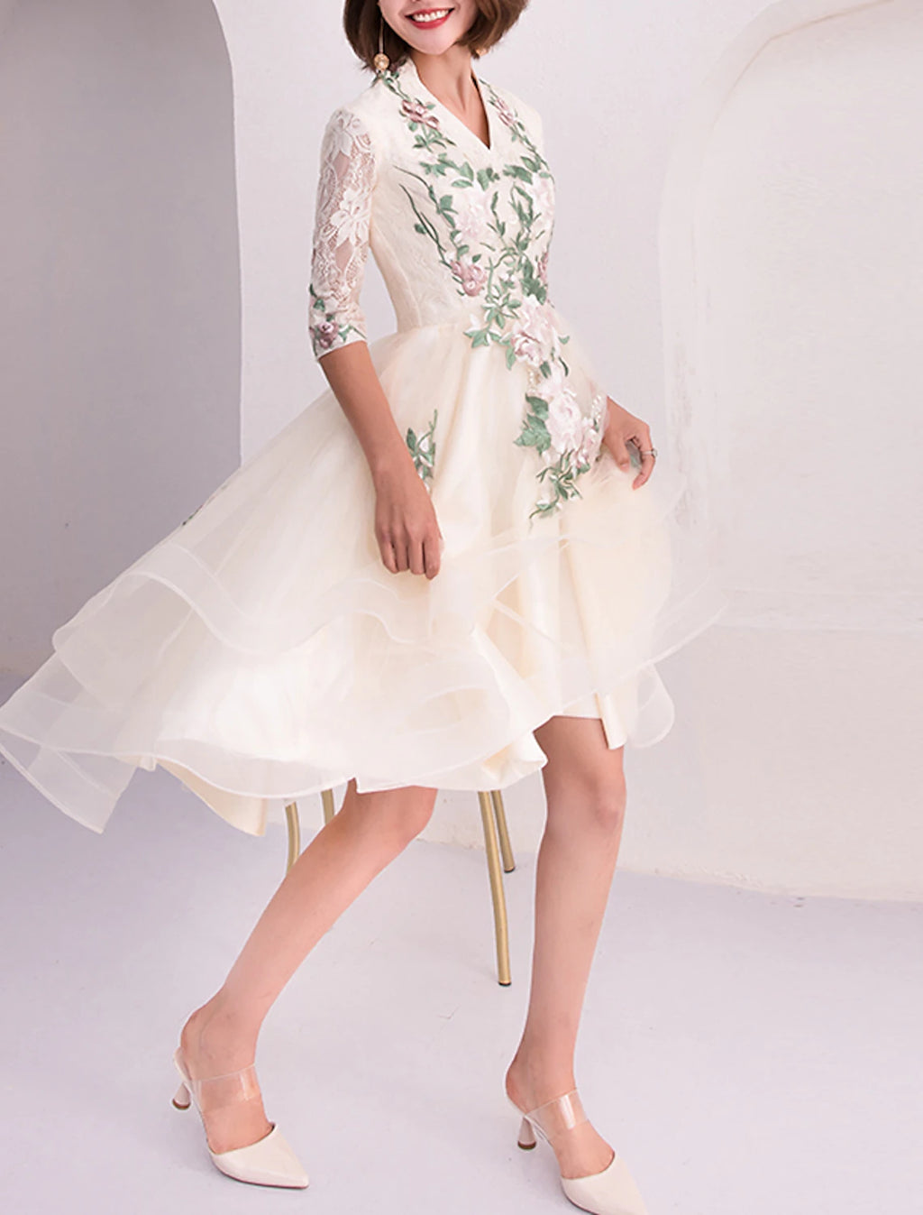 Ivory Floral Embroidered High-Low A-Line Dress - Bridesmaid, Cocktail & Wedding Guest