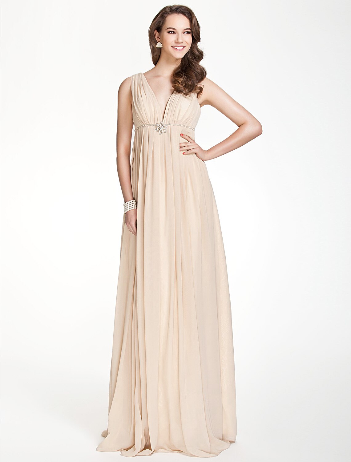 Champagne Chiffon A-Line Bridesmaid Dress with V-Neck and Beaded Waist