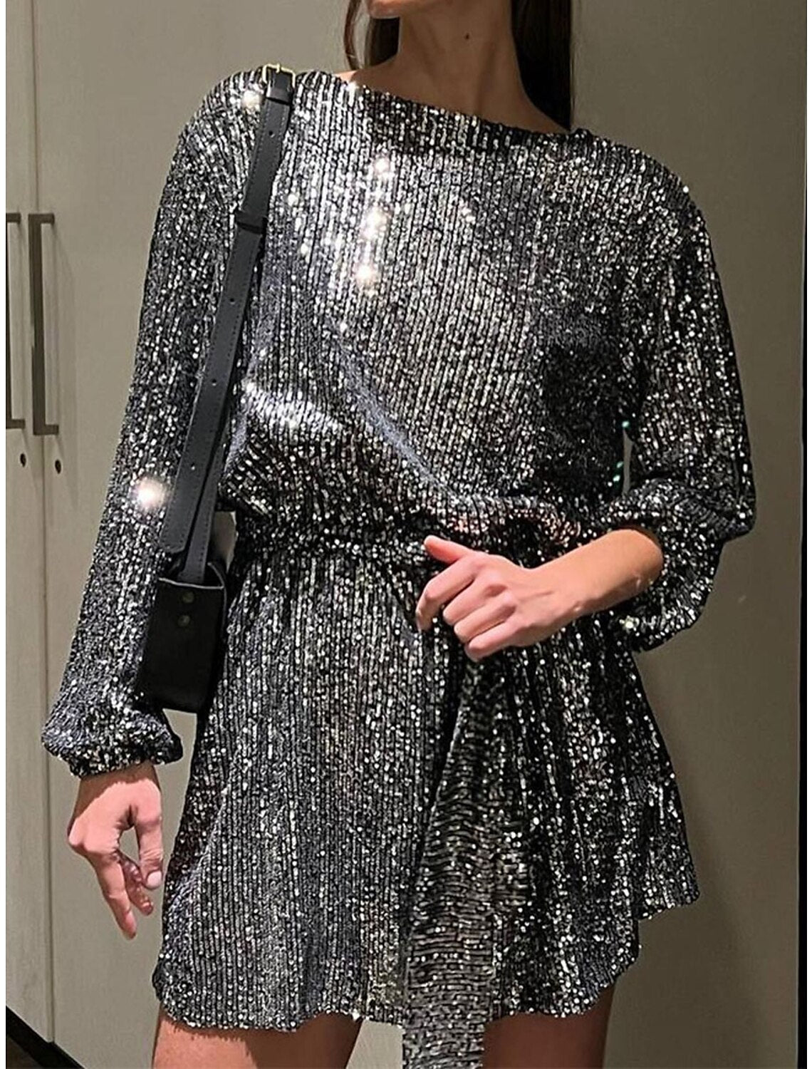 Abito da donna con paillettes, abito da festa, abito da ballo, miniabito, argento, nero, bianco, manica lunga, colore puro, con lacci, autunno, inverno, girocollo, rosso, abito per San Valentino, abito invernale, San Valentino, matrimonio