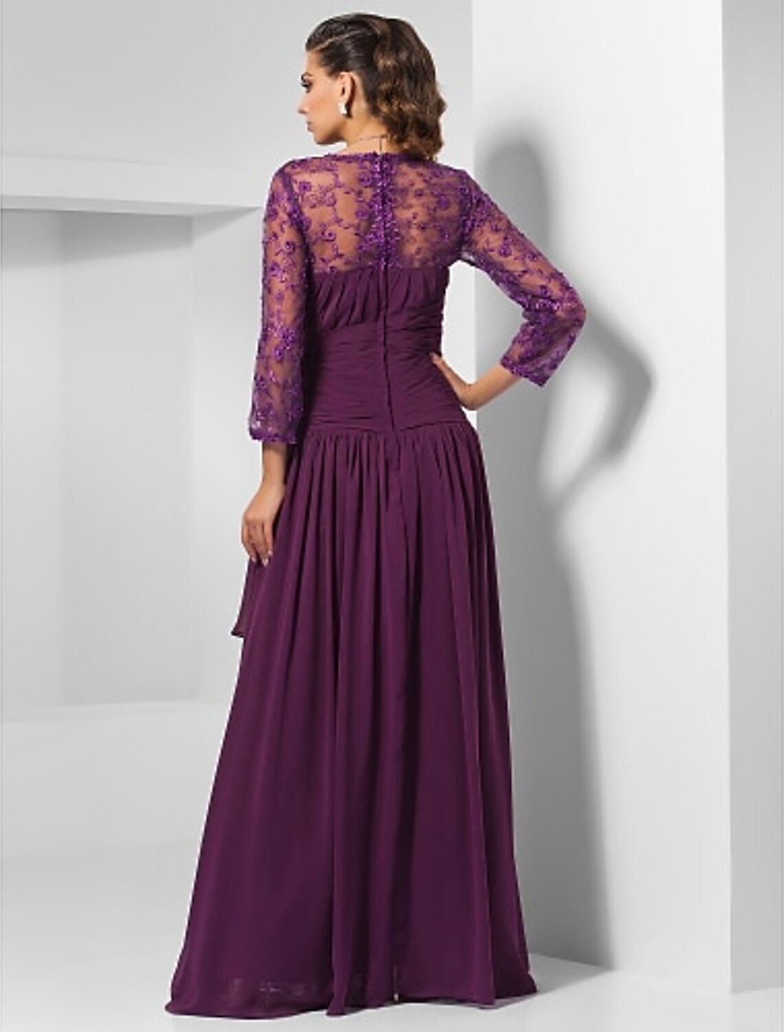 Vestido tubo/columna elegante formal de noche, boda, fiesta, militar, baile, escote en V, manga 3/4, largo hasta el suelo, de gasa con encaje entrecruzado y abalorios.