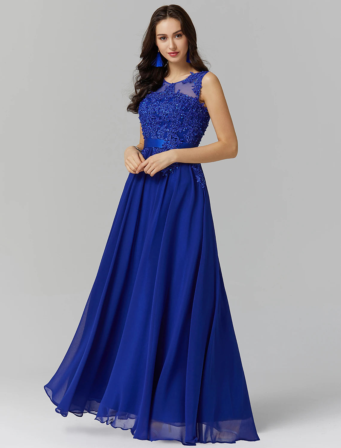 Petal Chiffon A-Line Floor-Length Bridesmaid Dress with Lace Bodice & Illusion Neck