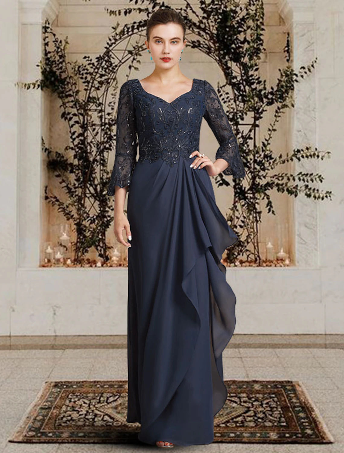 Dark Navy Chiffon A-Line Floor-Length Evening Dress with Embroidered Bodice