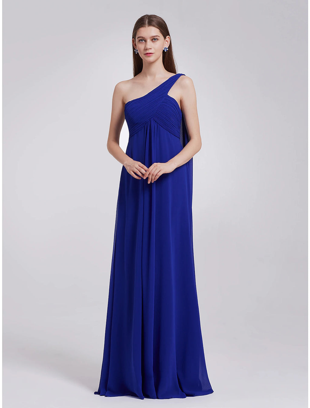 Royal Blue One Shoulder Pleated A-Line Chiffon Floor-Length Bridesmaid Dress