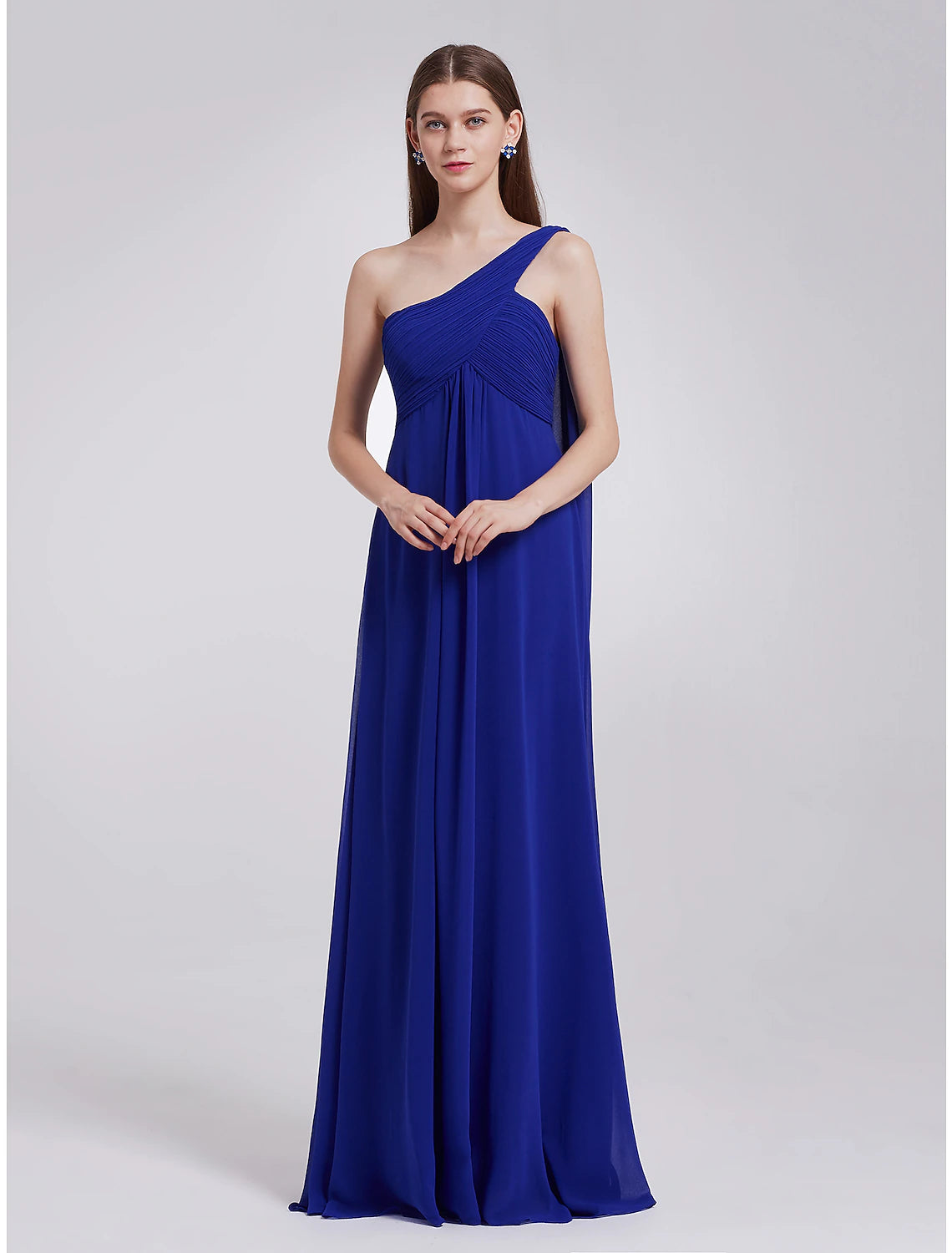 Royal Blue One Shoulder Pleated A-Line Chiffon Floor-Length Bridesmaid Dress