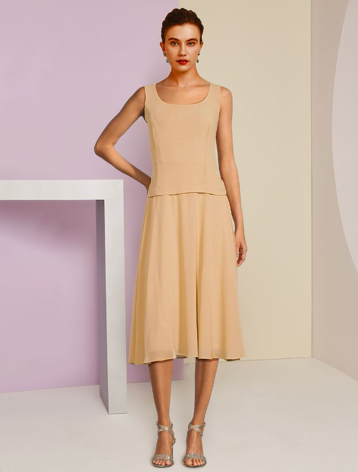 Abito da cerimonia per la madre della sposa, a trapezio, elegante, in chiffon, con scollo a barchetta, lunghezza tè, maniche a 3/4, con pieghe e spilla di cristallo