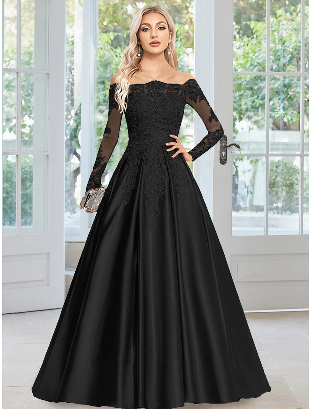 Vestido de noche elegante de corte A, vestido formal de boda para invitados, cola de corte, manga larga, hombros descubiertos, satén con apliques
