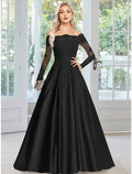 Vestido de noche elegante de corte A, vestido formal de boda para invitados, cola de corte, manga larga, hombros descubiertos, satén con apliques
