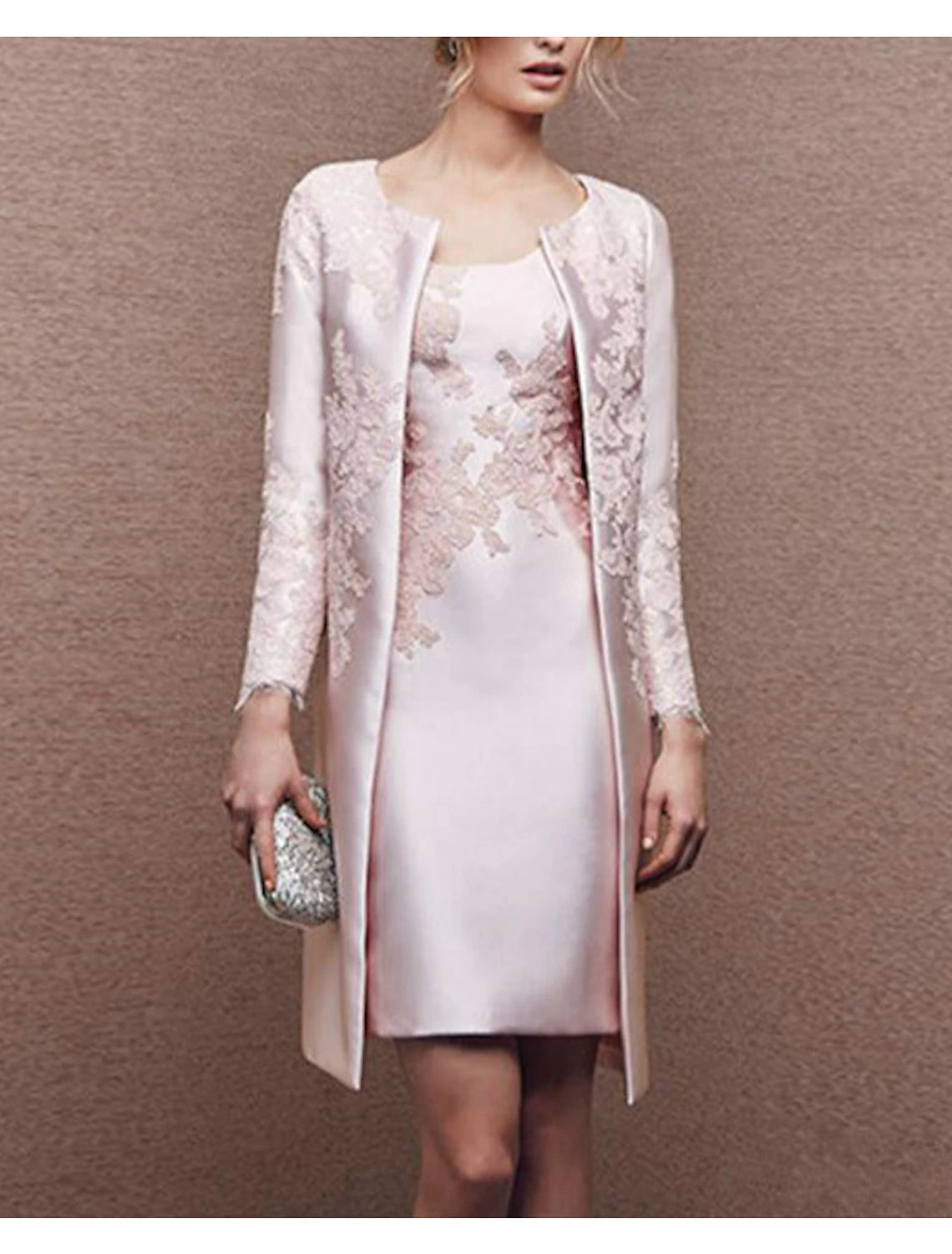 Two Piece Sheath / Column Mother of the Bride Dress Fall Wedding Guest Dresses Church Plus Size Elegant Scoop Neck Knee Length Satin Lace Sleeveless Wrap Included Jacket Dresses with Appliques