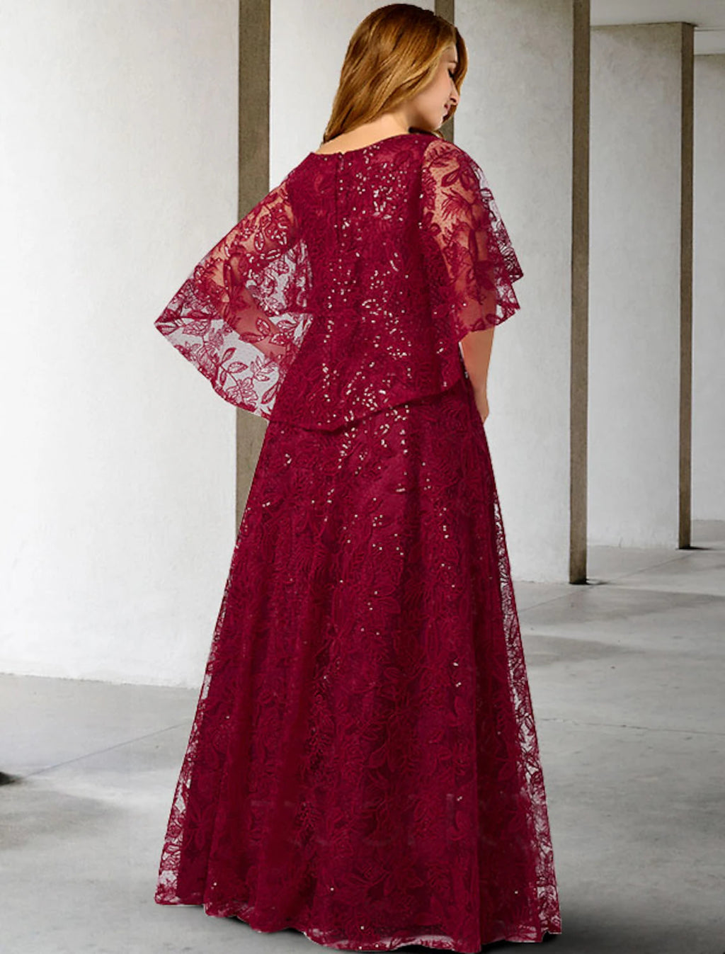 Vestido de madre de la novia de corte A, talla grande, oculta el vientre, elegante, cuello joya, largo hasta el suelo, encaje, media manga, sin mangas, con apliques de lentejuelas
