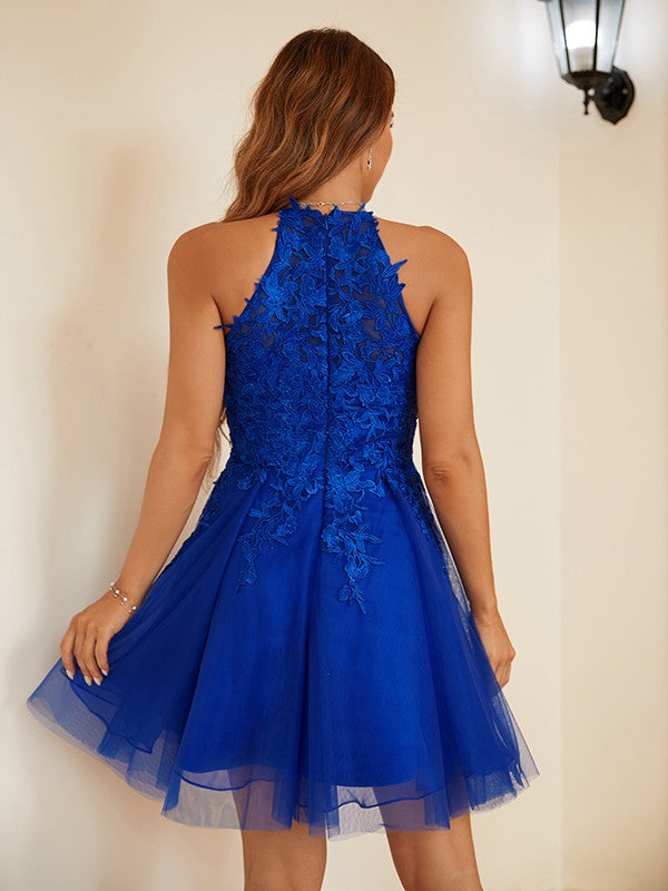Vestidos cortos/mini de corte A/princesa, de tul, con encaje, sin mangas y cuello halter
