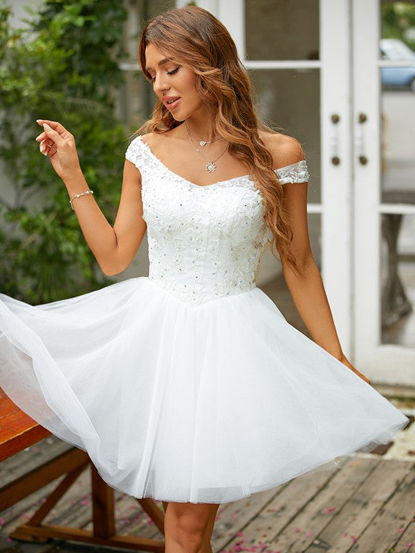 Vestidos cortos/mini de corte A/princesa, de tul, con encaje, escote en V y sin mangas