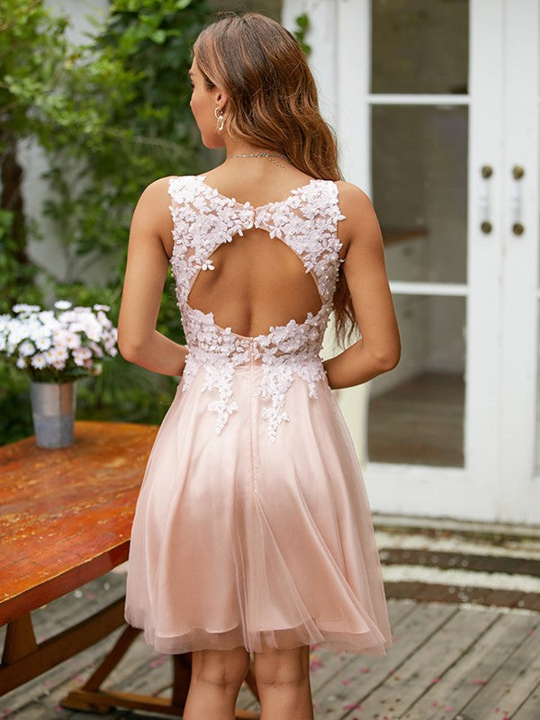 Vestidos cortos/mini sin mangas con escote en V y apliques de tul de corte A/princesa