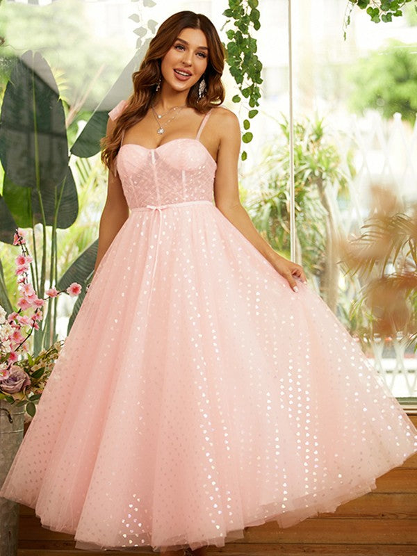 Vestidos de corte A/princesa con volantes, tirantes finos, sin mangas y hasta los tobillos