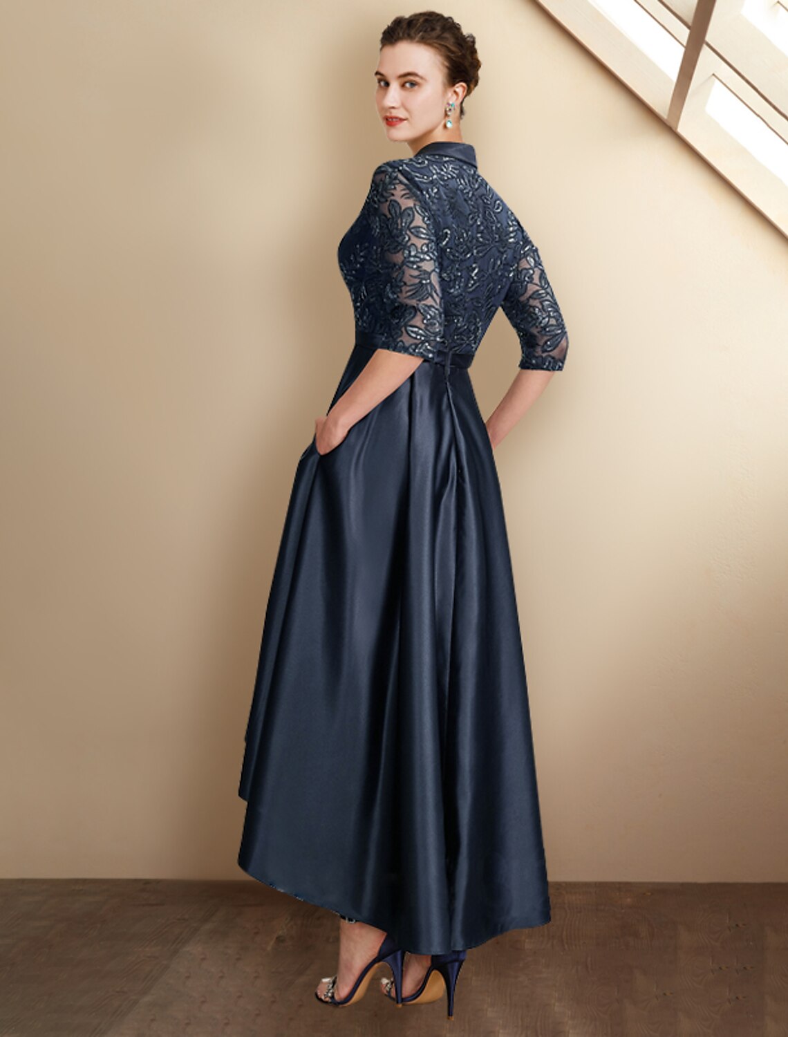 Dark Navy Sequin A-Line High-Low V-Neck Dress with Lapel Collar