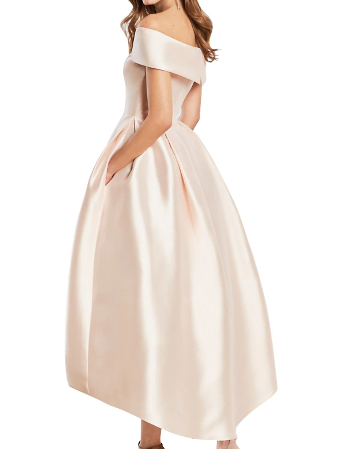 Vestido de fiesta elegante vintage de compromiso, vestido de fiesta con hombros descubiertos, manga corta, largo hasta el tobillo, satén con elegante