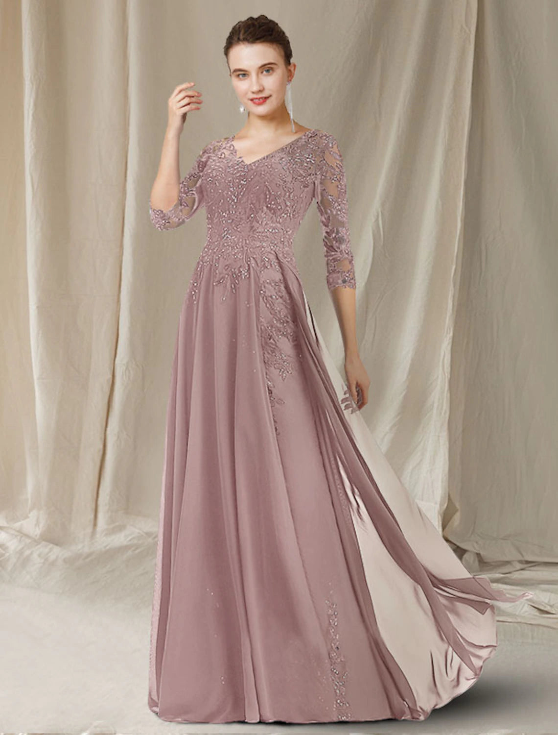 Vestido elegante de madre de la novia de corte A, escote en V, largo hasta el suelo, de gasa, encaje con lentejuelas, media manga con apliques de lentejuelas