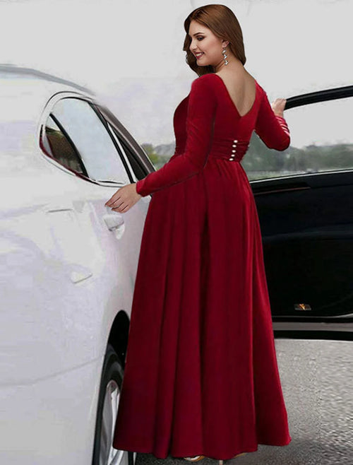 Vestido de noche formal de fiesta, corte imperio, talla grande, escote en V, manga larga, largo hasta el suelo, de gasa con pliegues y abertura, color puro 2025
