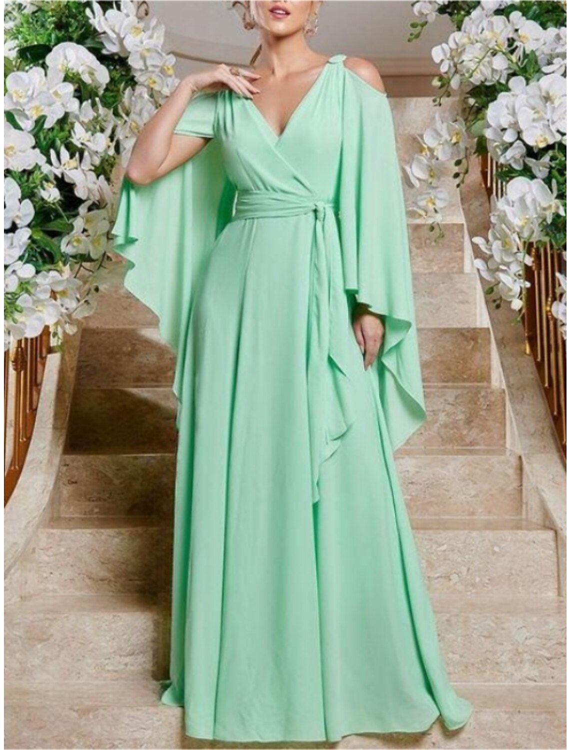 Mint Green Chiffon A-Line Floor-Length Dress with V-Neck and Cold-Shoulder Cape Sleeves