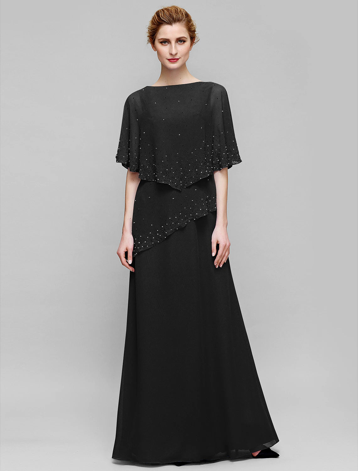 Vestido de madre de la novia elegante con escote barco, largo hasta el suelo, de gasa, sin mangas y con cuentas.