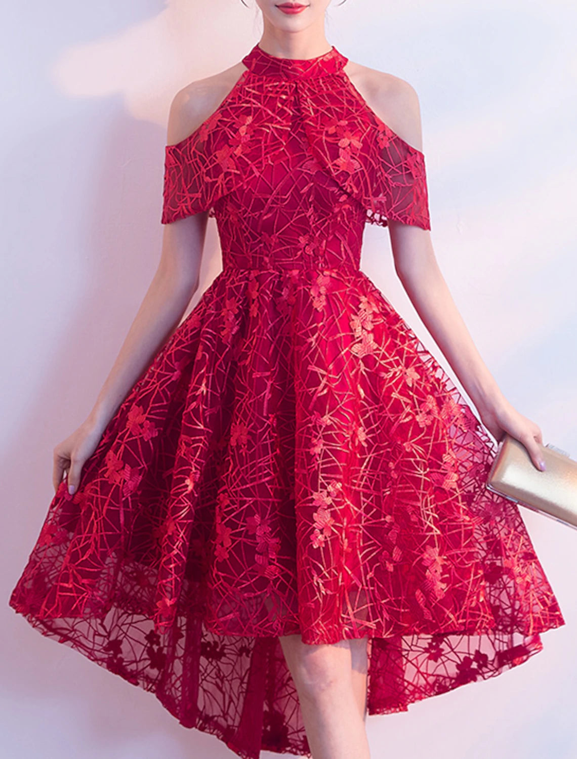 Vestidos de cóctel de corte A, elegantes, para invitados de boda, para fiesta, asimétricos, de manga corta, con cuello joya, de tul con pliegues, estampado/estampado