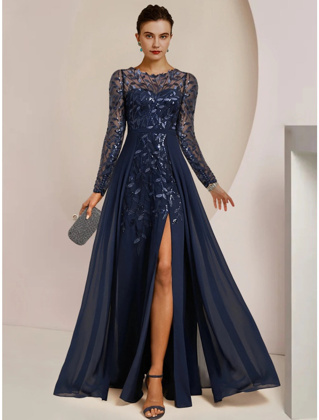 Vestido de Madre de la Novia de Corte A para Invitadas de Boda Elegante Cuello Joya Largo hasta el Suelo Gasa Encaje Lentejuelas Manga Larga con Abertura Delantera Fruncido Color Sólido