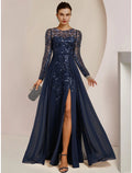 Vestido de Madre de la Novia de Corte A para Invitadas de Boda Elegante Cuello Joya Largo hasta el Suelo Gasa Encaje Lentejuelas Manga Larga con Abertura Delantera Fruncido Color Sólido