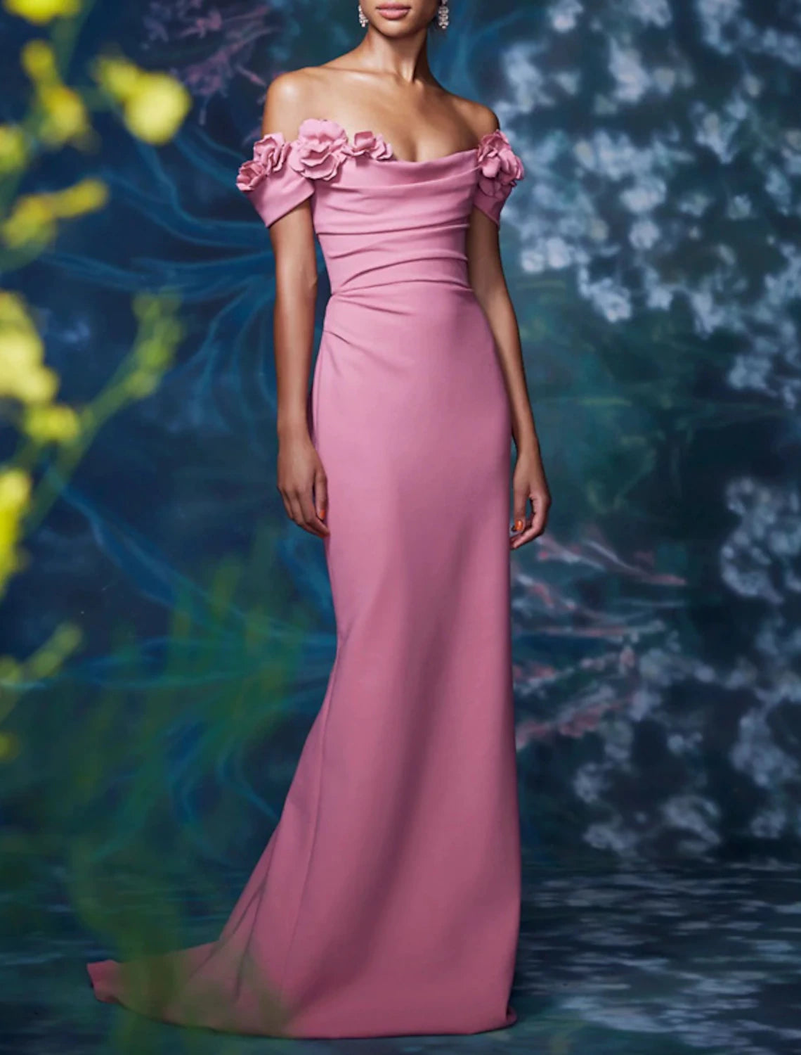 Mermaid / Trumpet Evening Gown Floral Dress Formal Wedding Guest Sweep / Brush Train Short Sleeve Off Shoulder Satin Backless with Ruched Pure Color 2025