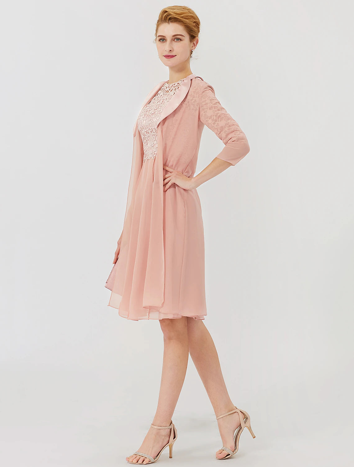 Vestido de baile para madre de la novia, formal, clásico y atemporal, elegante y lujoso, convertible, cuello ilusión, largo hasta la rodilla, gasa, encaje floral, manga 3/4 con broche de cristal