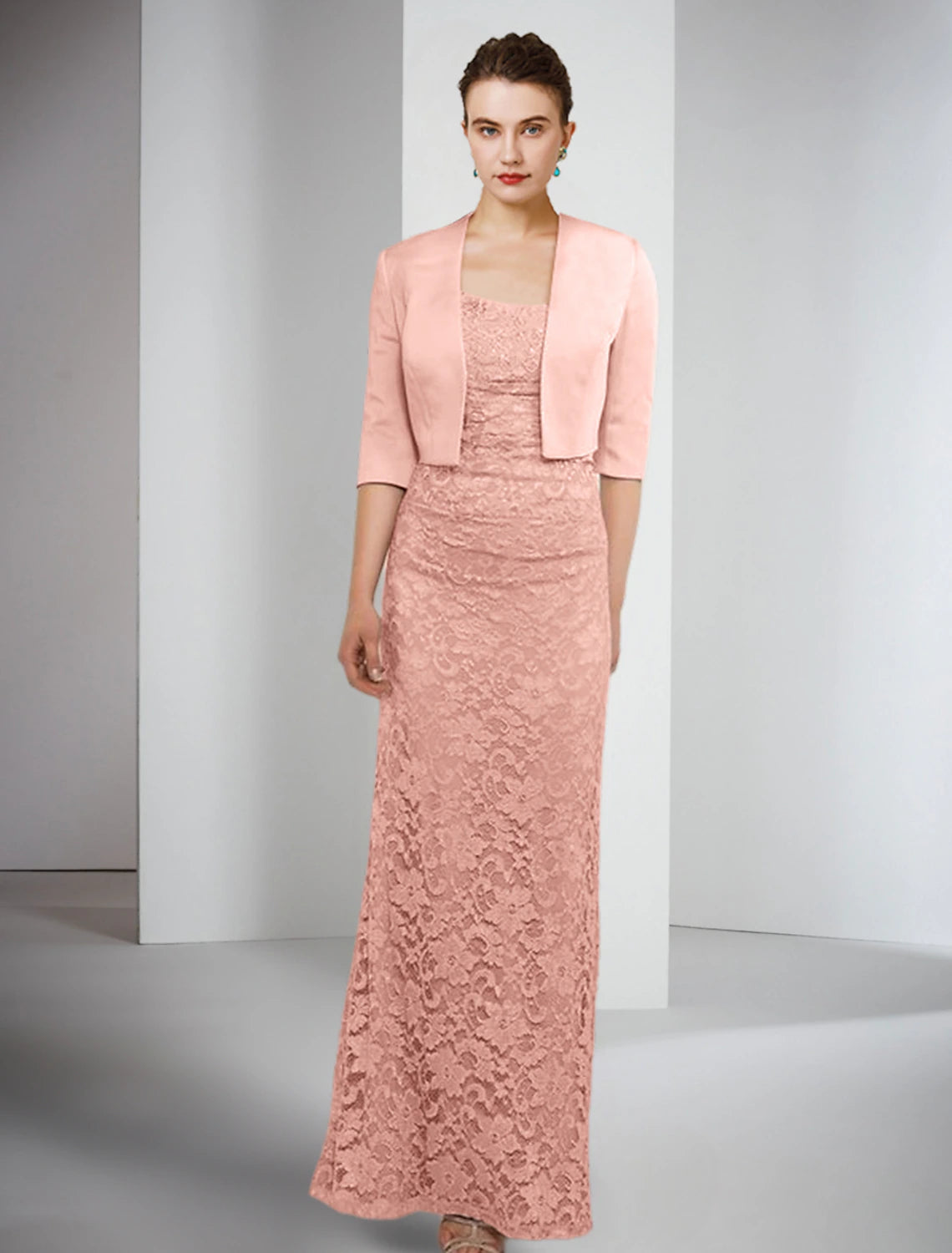 Vestido de dos piezas para madre de la novia, estilo tubo/columna, elegante, de invierno, con chaqueta, media manga, escote cuadrado, largo hasta el suelo, satén, encaje, color liso.