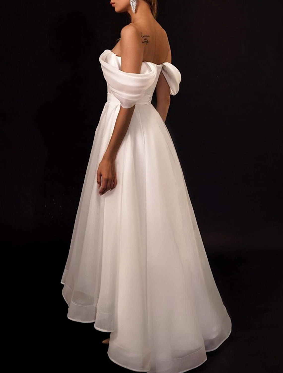 Ivory Satin A-Line Tea-Length Bridesmaid Dress with Sweetheart Neckline, Off-the-Shoulder Sleeves, and Layered Skirt