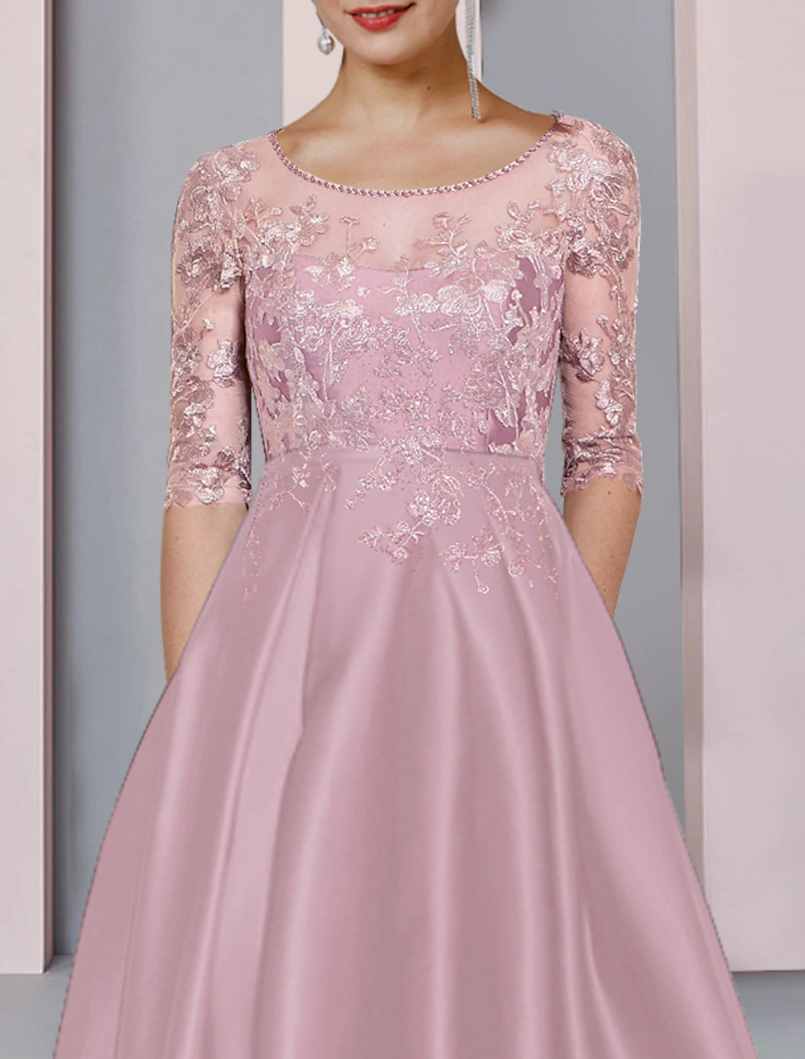 Abito da cerimonia per la madre della sposa, a trapezio, elegante, con scollo a barchetta, asimmetrico, lunghezza tè, in raso, pizzo, mezza manica, con pieghe e applicazioni di perline.