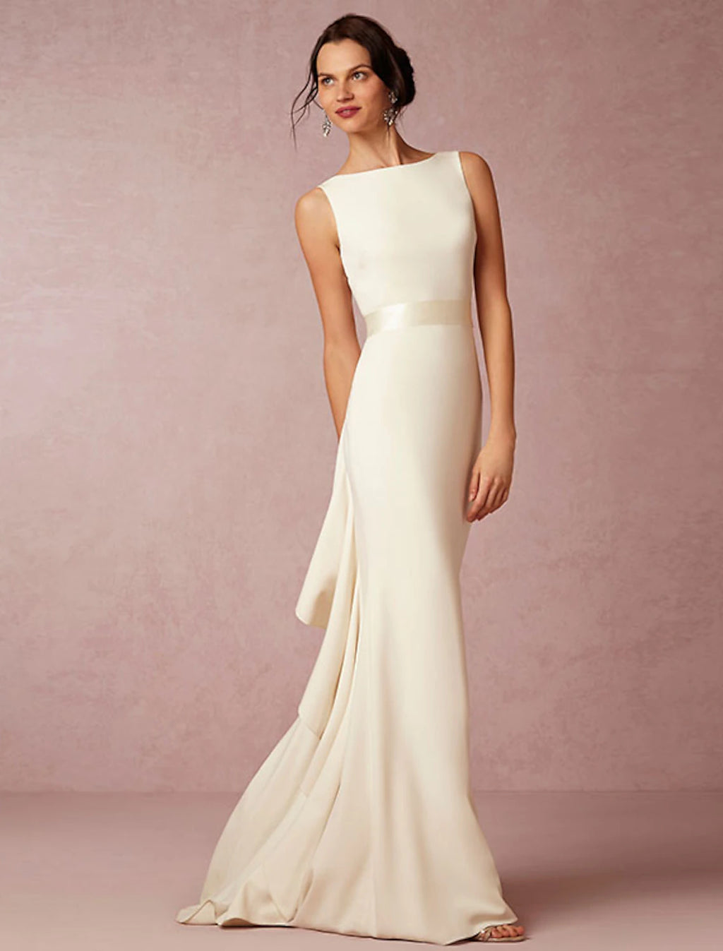 Ivory Crepe Boat Neck Bridesmaid Dress with Asymmetrical Draped Skirt