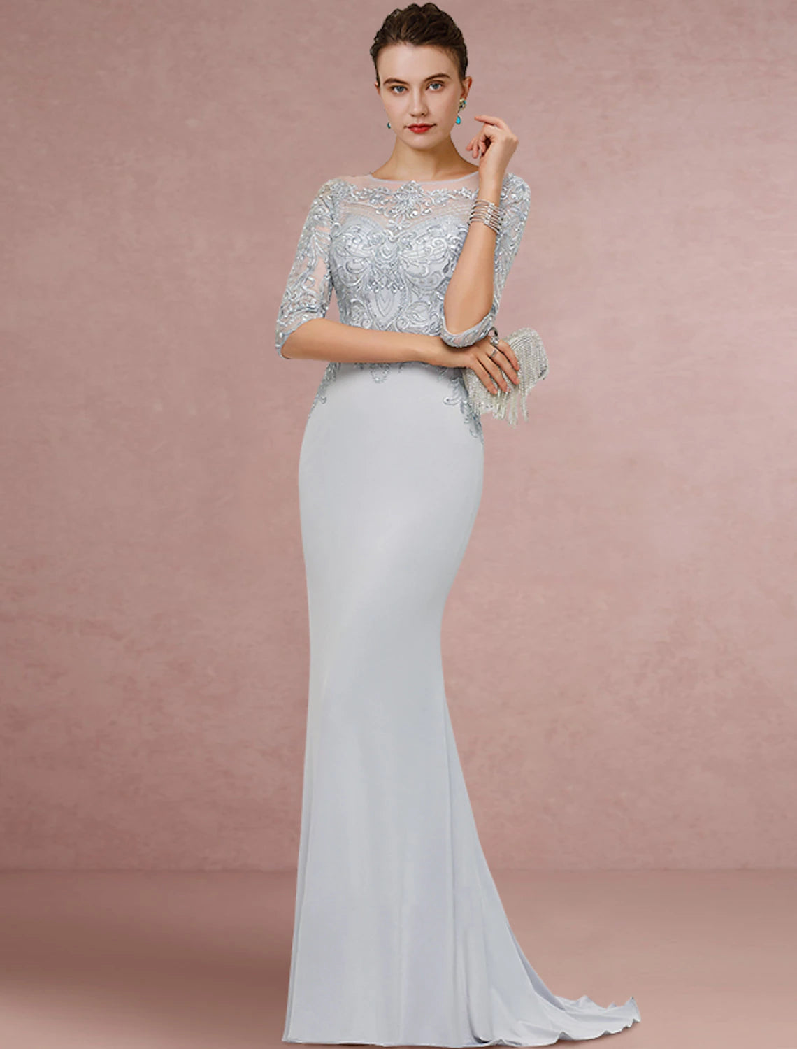 Silver Lace Illusion Boat Neck Sheath Floor-Length Evening Gown