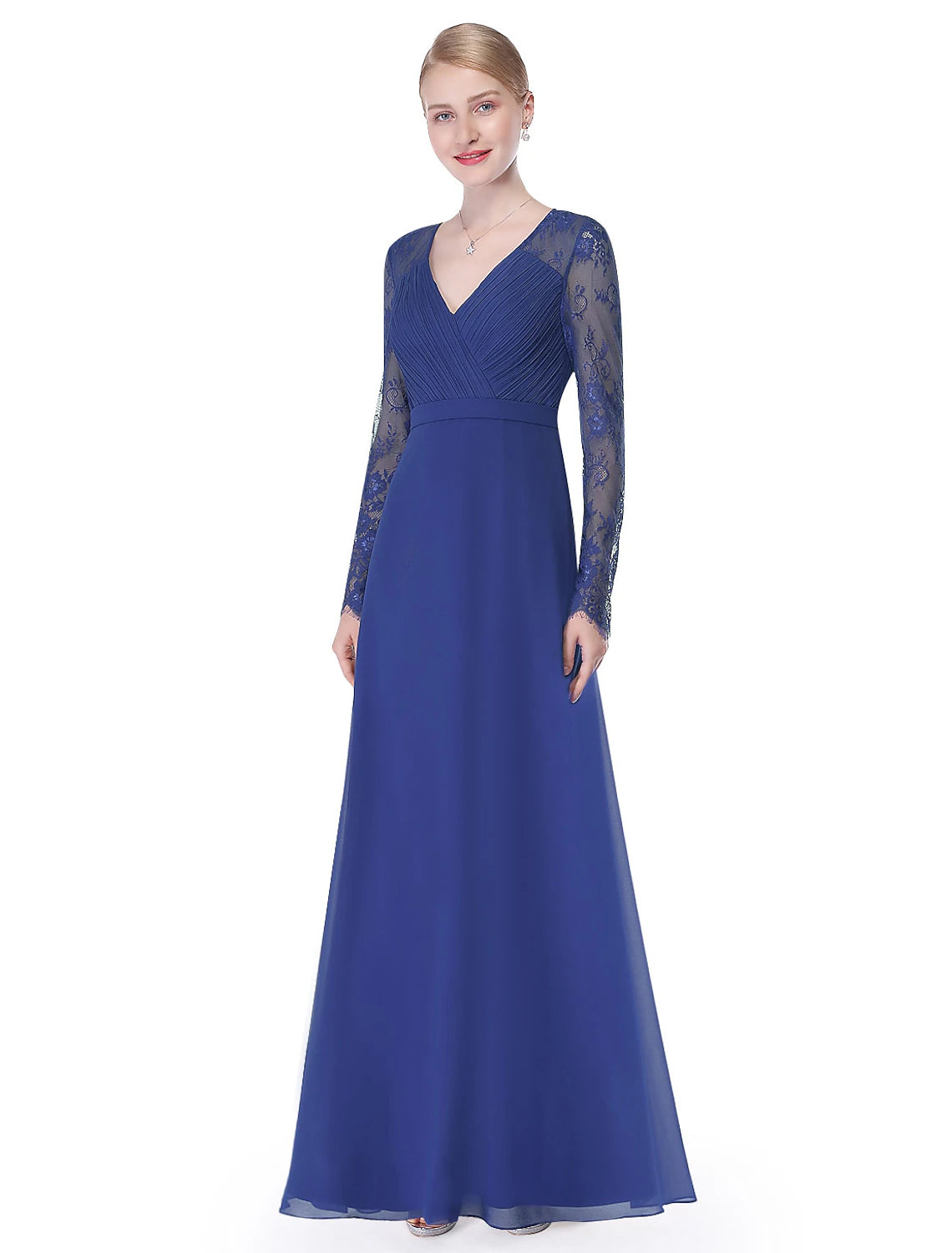 Forest Green Chiffon A-Line Floor-Length Bridesmaid Dress with Pleated Bodice & Lace Sleeves