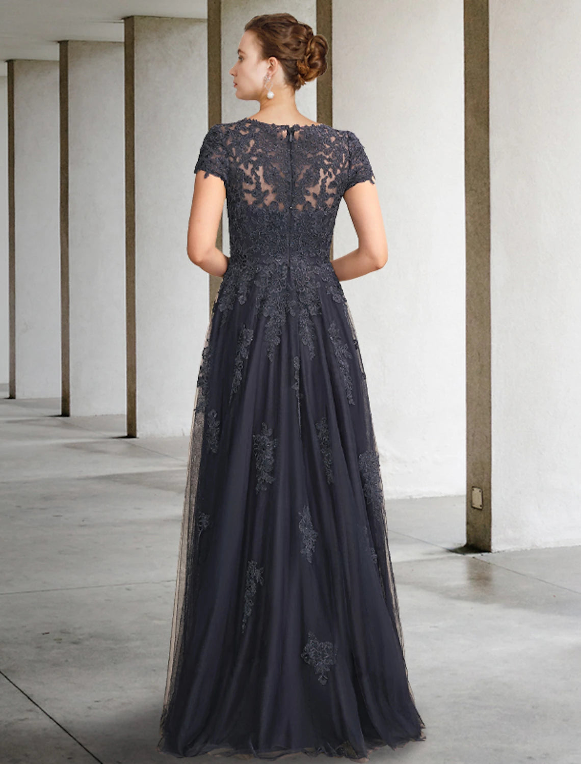 Grey A-Line Lace Tulle Floor-Length Evening Dress