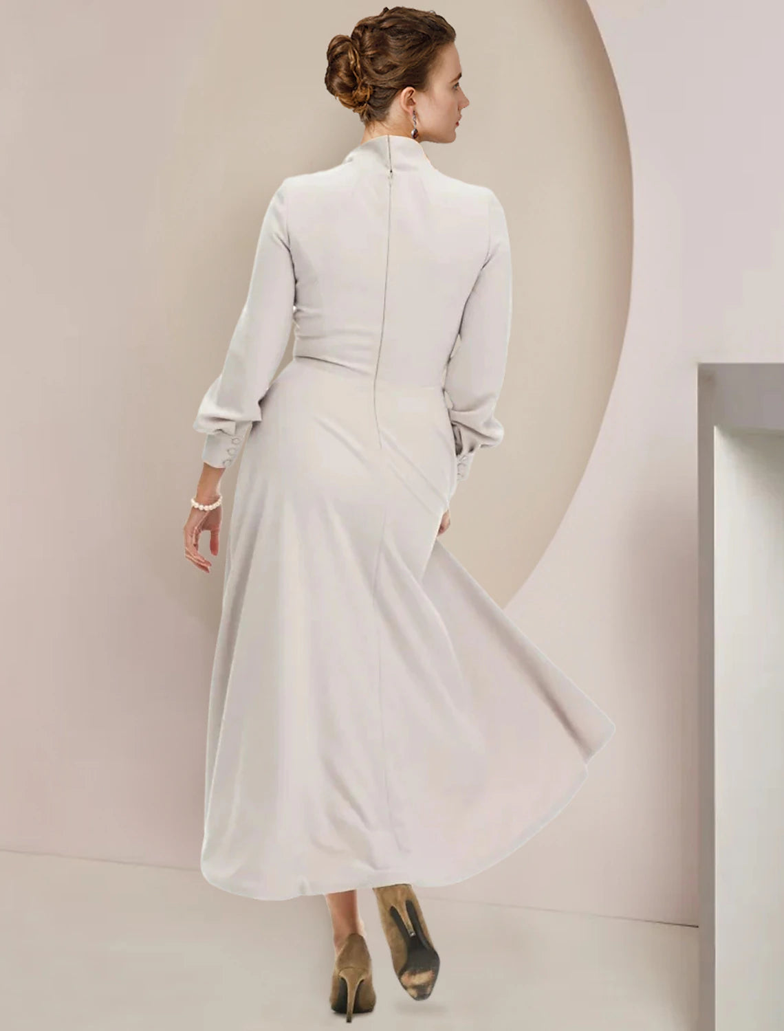 Silver Crepe A-Line High-Low Dress with Bow Tie High Neck