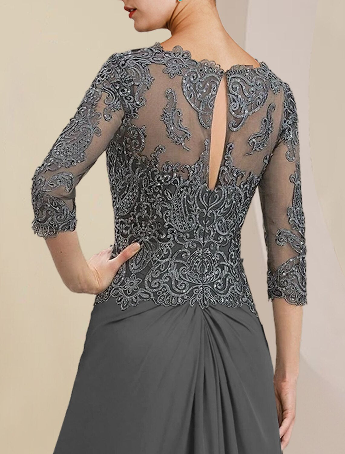 Vestido de madre de la novia con corte tubo/columna, elegante, para invitada de boda, escote en V, largo hasta el suelo, de gasa, con encaje, mangas 3/4 y apliques