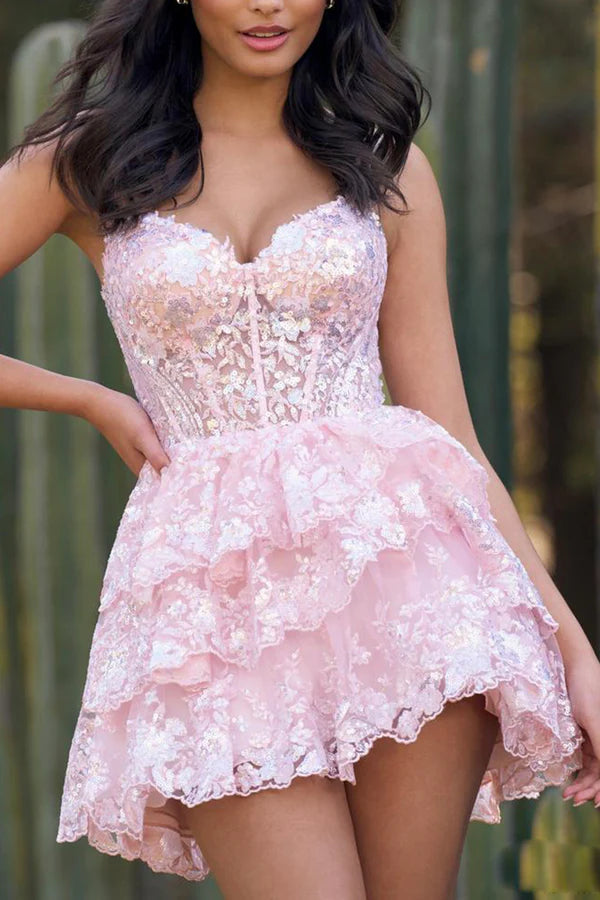 A-Line Thin Shoulder Strap Trendy Pink Cute Homecoming Dress