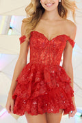 Red Lace A-Line Short Dress with Sweetheart Off-the-Shoulder