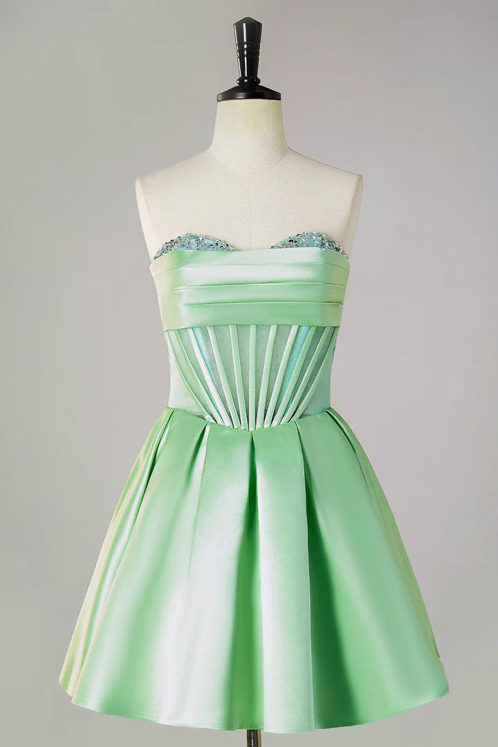 A-line Beads strapless transparent tight corset short back to school dress