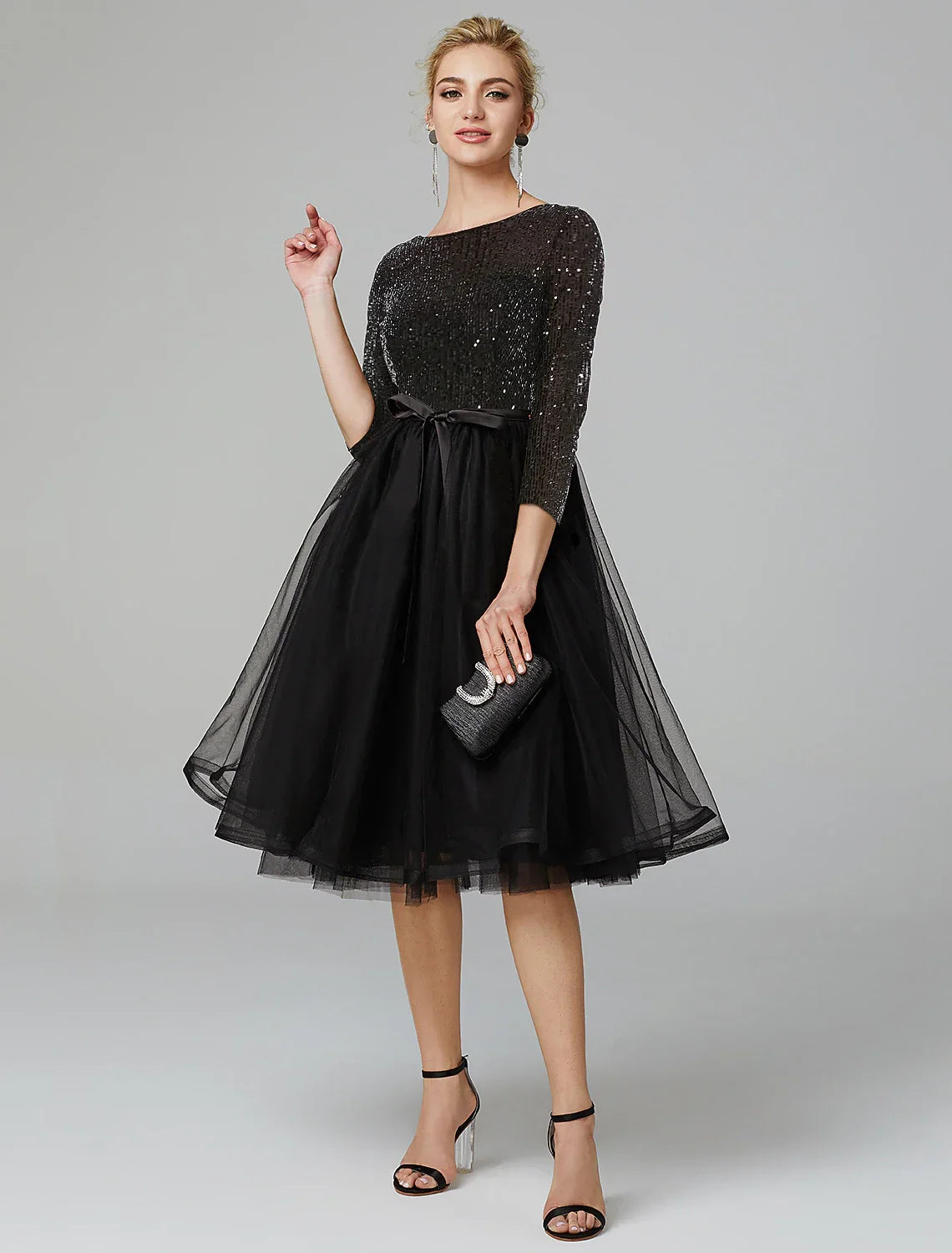 Black Sequin Tulle A-Line Tea-Length Dress with Boat Neck and Sequined Bodice