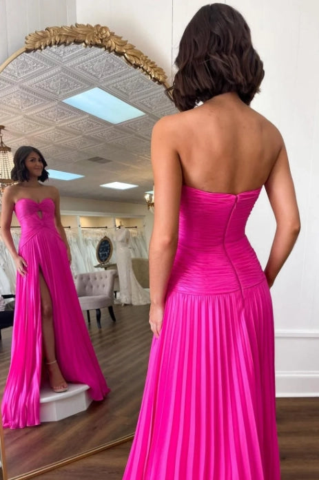 Hot Pink Pleated Chiffon A-Line Sweetheart Zipper Back Floor Length Dress Back View - Jimiss