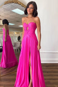 Hot Pink Pleated Chiffon A-Line Sweetheart Zipper Back Floor Length Dress Front View - Jimiss